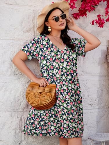 Image of ZENNILO Women's Plus Size Swing Dress with Pockets Casual Summer Dresses V Neck Short Sleeve T Shirt Dress for Women