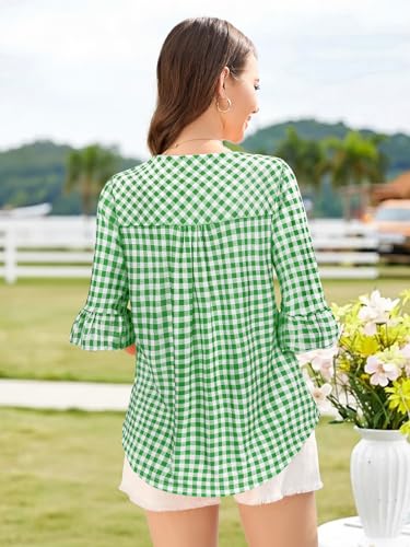 Bulotus Womens Gingham Tops Square Neck Ruffle Elbow Sleeve Plaid Blouse - image 4