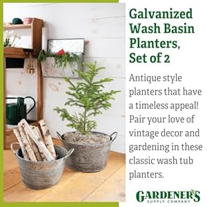 Gardener's Supply Company Galvanized Planter | Indoor Outdoor Sturdy Vintage Style Wash Basin Farmhouse Metal Tub Container with Handles | Medium & Large (Set of 2) Gardeners Supply Company Galvanized Planter Indoor Outdoor Sturdy Vintage Style Wash Basin Farmhouse Metal Tub Container with Handles Medium Large Set of 2