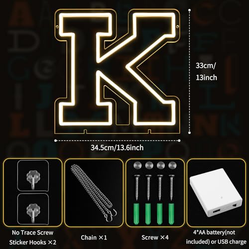 Image of Light Up Letters K, Led Marquee Letter Lights Neon Sign, 13 inch Height Decorative Lighted Alphabet Number, Battery /USB Powered Led Letters Lights for Wedding, Birthday, Party, Christmas or Home Decor