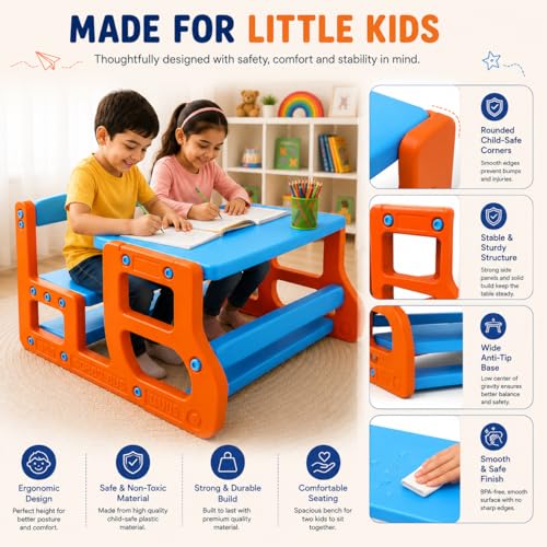 Image of eHomeKart Kids Double Seater Study Table & Bench Set of 2 | 90x75x58 cm | Set of Two School Senior with Backpack Storage | Children Activity Desk Chair for Boys & Girls | Age 3-10 Years (Two Bench)