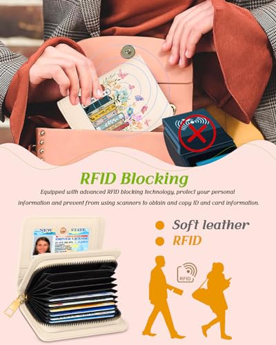 Image of Bistup Leather 12 Slot Accordion Card Holder Wallet, Little Book | Accordion Storage, Zipper Around Closure, Compact Patterned Wallet for IDs, Cards, Cash, Daily Carry and Gifts