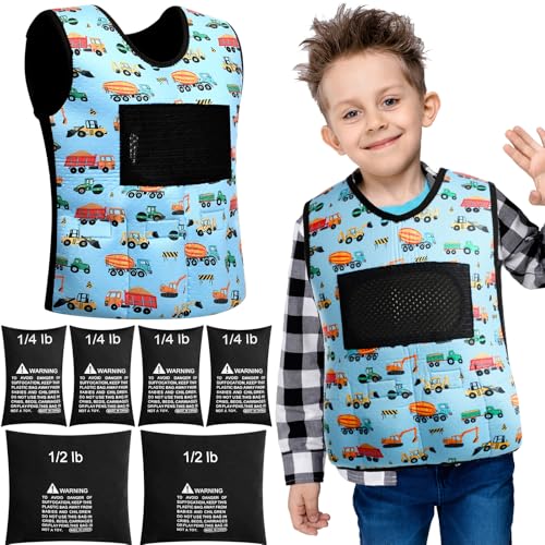 Image of Janmercy Weighted Vest for Kids Ages 4 to 7 and Ages 8+ Boy Girl Adjustable Breathable Compression Vest for Processing Issue(Truck,Small,Dark Blue)