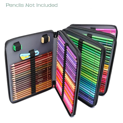 Image of YOUNGCOL 200 Slots Colored Pencil Case - Deluxe PU Leather Pencil Organizer Holder With Zipper Closure Large Pencil Box for Colored Pencils Watercolor Pencils (Black, 200 Slots)