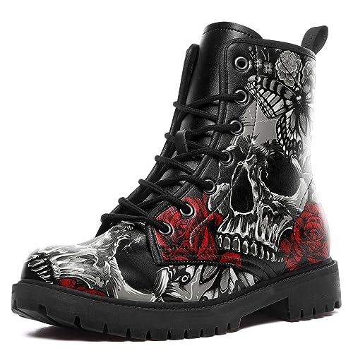 Image of Custom Black Combat Boots for Women Fashion Lace-Up Skull Rose Ankle Booties Chunky Heel Platform Leather Boots