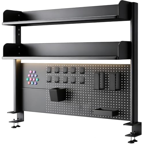 CHSSIH Clamp On Desk Pegboard Shelf - Metal Desktop Organizer Hutch with 2 Shelves for Storage and Display, Desk Add-On Shelf for Office, Dorm, or Computer Monitor Stand, Black, 23.6In