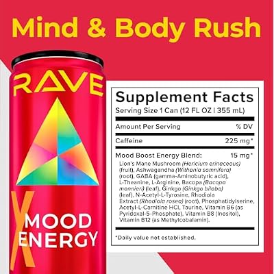 RAVE Mood Energy Drink is Mind Blowingly Different. With Mood-Boosting Functional Mushrooms, Nootropics, Adaptogens & B Vitamins. Experience Mind & Body Rush! 225mg Caffeine - Electrolytes - Zero Calories - 6 Delicious Flavors - 12 fl oz 12 Pack