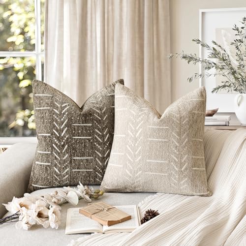 Image of Foindtower Set of 2 Decorative Chenille Jacquard Throw Pillow Covers Textured Farmhouse Vintage Cushion Covers Neutral Boho Accent Home Decor for Sofa Chair Couch Living Room,18x18 Inch,Natural Beige