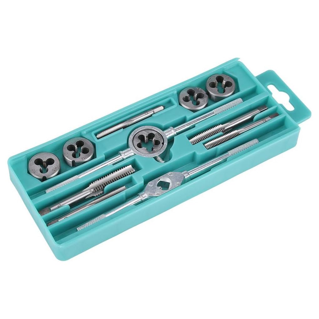 UPTODATETOOLS 12Pcs/Set Tap and Die Set Combination Alloy Steel Hand Tools Metric Size Thread Plugs Straight Taper Reamer Tools with Adjustable Tap Wrench