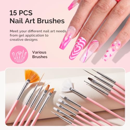 Image of MelodySusie Nail Art Brushes Set, 15 Pcs Pink Nail Brushes, 5 Pcs Dual Tipped Sculpture and Dotting Brushes, Brush Holder, Palette, and Color Mixing Brush, Tools for Manicure Design Home and Salon