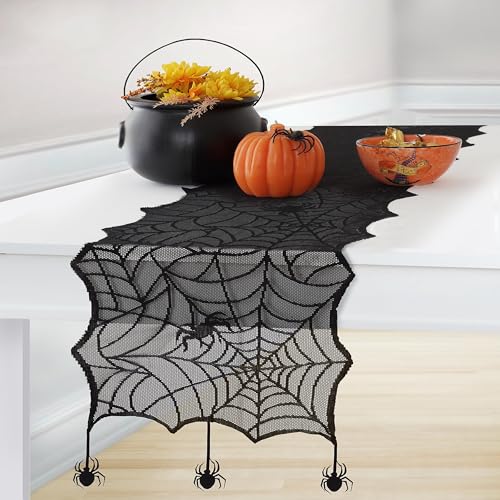 Elrene Home Fashions Crawling Spider Halloween Lace Table Runner and Mantle Scarf, Seasonal Halloween Table Runner, 13' x 70', Black