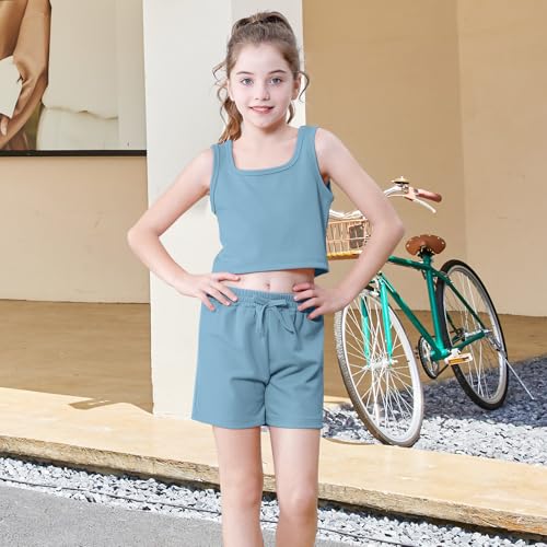 Image of U.nikaka Girls 2 Piece Outfits Casual Girls Shorts Sets Sleeveless Crop Tank Top and Short Sets Ribbed Workout Sets Summer