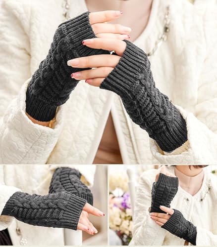 Loritta CLT-046-7 Womens Fingerless Gloves Winter Warm Knit Crochet Thumbhole Arm Warmers,A1-Beige/Light Grey/Dark Grey/Black thumb #3