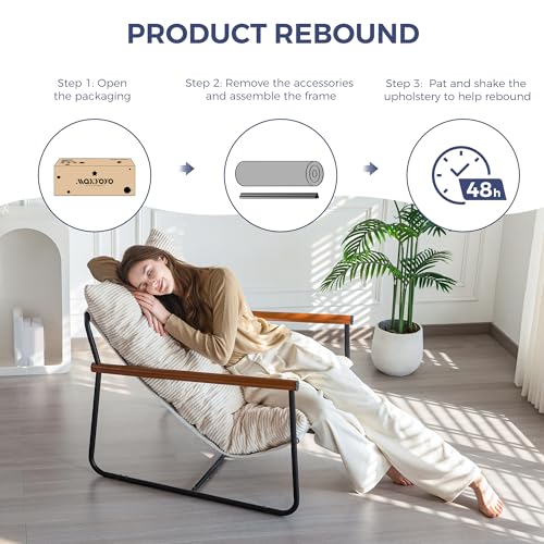Image of MAXYOYO Modern Accent Chair, Comfy Living Room Chair with Metal Frame Wooden Armrest, Upholstered Armchair with Soft Cushion for Bedroom Balcony Lounge Reading Room, Beige