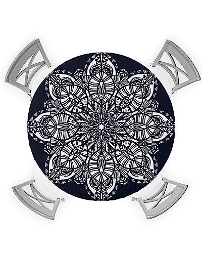 Abstract Mandala Round Waterproof Table Cover Fitted Tablecloth, Wipeable Fabric Elastic Table Cloth Oil-Proof Tablecover for Indoor Outdoor Picnic Party, Geometric Indian Bohemian Stripes 45