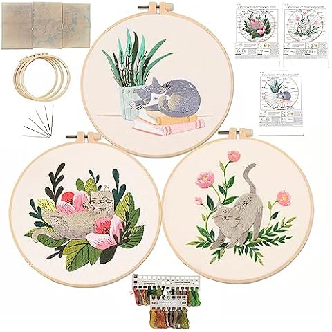 3 Sets Embroidery Starter Kit for Beginners Women Adults DIY Crafts with Cats and Plants Patterns and Instructions, 3 Embroidery Fabrics, 3 Embroidery Hoops, 3 Pack Color Threads, 6 Needles (Cats-A) Cover