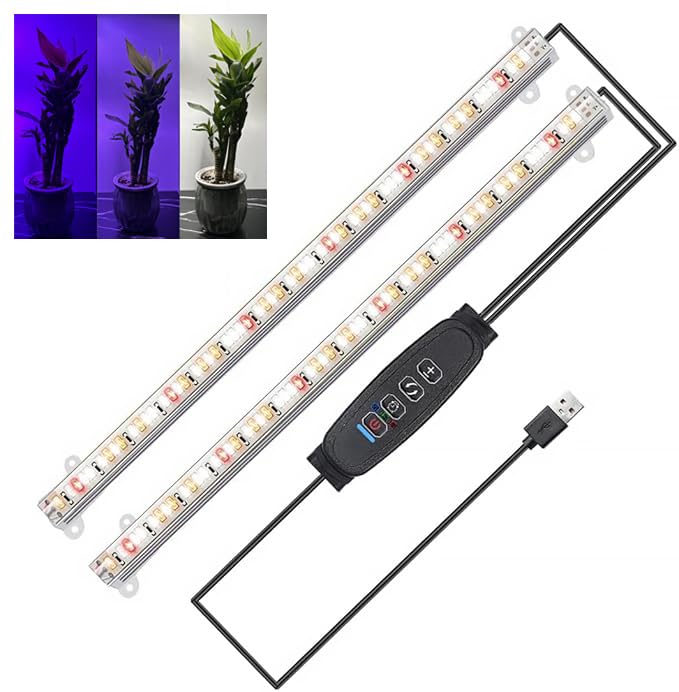 LED Plant Grow Light Strips Full Spectrum for Indoor Plants with Auto ON/Off Timer, 48 LEDs / 10 Dimmable Levels, Sunlike Grow Lamp for Hydroponics Succulent (Full Spectrum, Two Bars)