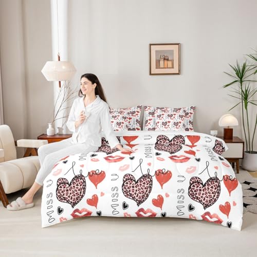 Image of 7 Pcs Leopard Print Heart King Bedding Sets Love Theme Romantic Style Comforter Set Red Heart Lady Lip Kiss Bed in a Bag with Comforter,Flat&Fitted Sheet,2 Pillowcases,2 Throw Pillow Covers