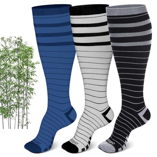 AMITOFO Plus Size Compression Socks: Wide Calf Compression Stockings for Men & Women - Extra Large 15-20 mmHg Knee High Socks Support 3 Pairs Mix Color XXLarge
