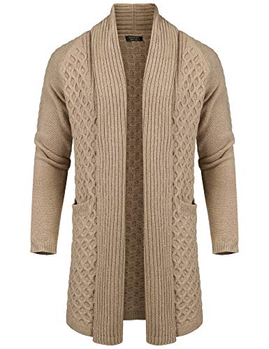 COOFANDY Mens Casual Knit Cardigan Linen Long Sleeve Shawl Collar Sweater Jacket Khaki