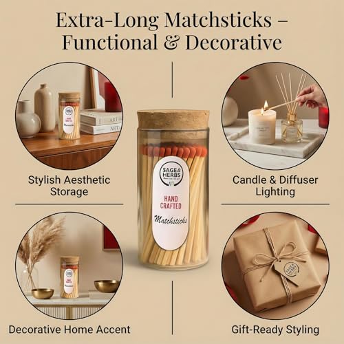 Image of Sage & Herbs Long 65 Red Matchsticks in a Borosilicated Cork Jar with Striker| for Fireplace, Kitchen, Home Temple | Extra Long Burn Time Matchsticks | Matchbox Aesthetic Red Color