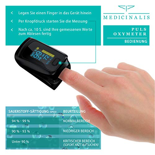 Medicinalis - Pulsoximeter Finger - SpO2 Pulsmesser – Fingerpulsoximeter - Messung von Puls und Sauerstoffsättigung am Finger – OLED Display - Batterieanzeige – Alarm – One Touch Bedienung