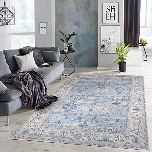 Adiva Rugs Machine Washable Area Rug With Non Slip Backing For Living Room, Bedroom, Bathroom, Kitchen, Printed Persian Vintage Home Decor, Floor Decoration Carpet Mat (Blue, 7'10" X 10') #TOP2