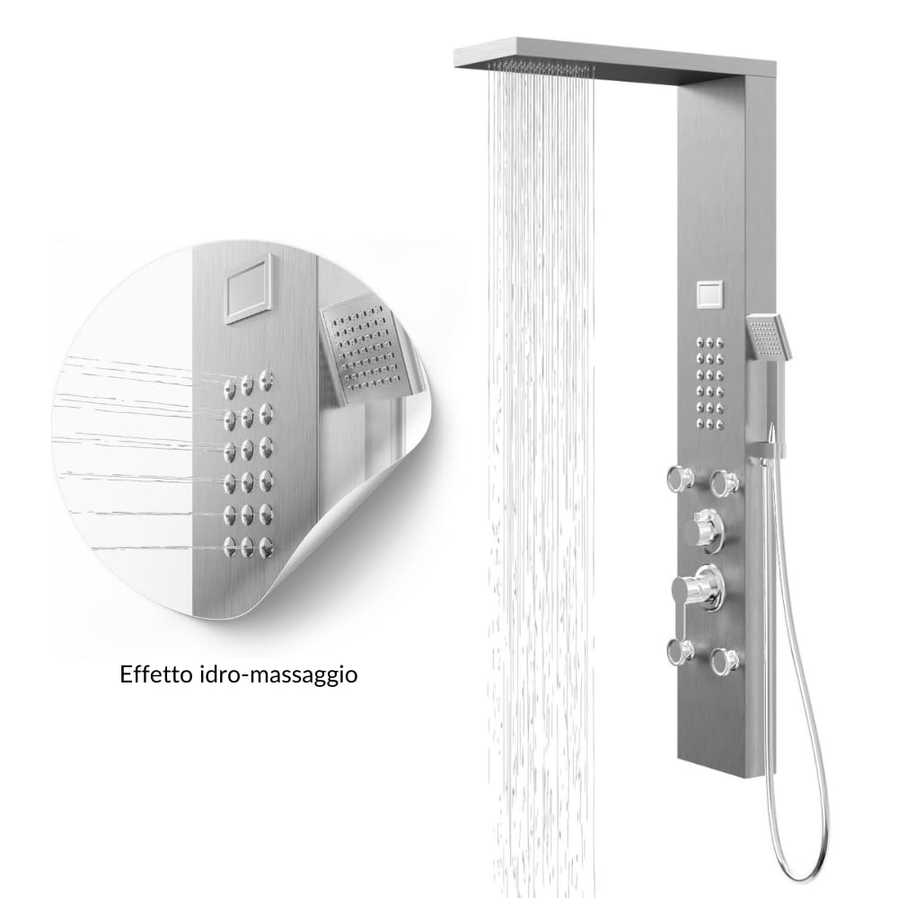 Colonna Pannello Doccia Chester-1 Cromo Spazzolata Acciaio 4 Funzioni Display Temperatura 4 getti lombari frontali 24 micro-ugelli Soffione Anticalcare