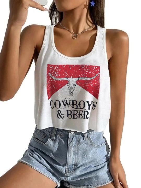 Women's Sexy Crop Tank Tops Cowboys and Beer Shirts Cute Country Concert Cowgirl Outfits Casual Summer Western Graphic Crop Tops for Teens (White,XL)