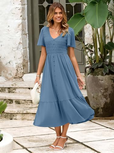 Simplee Womens Summer Smocked Flowy Dress - Casual Flutter Sleeve Tiered Boho Maxi Dresses with Pockets4