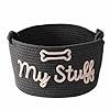 Pet Storage Basket with Rope Handles, Cotton Woven Dog Toy Bin, Cotton Rope Organizer, My Stuff Design with Bone, Grey Black Basket and Beige Yarn (Grey Black Basket)