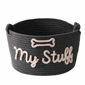 Pet Storage Basket with Rope Handles, Cotton Woven Dog Toy Bin, Cotton Rope Organizer, My Stuff Design with Bone, Grey Black Basket and Beige Yarn (Grey Black Basket)