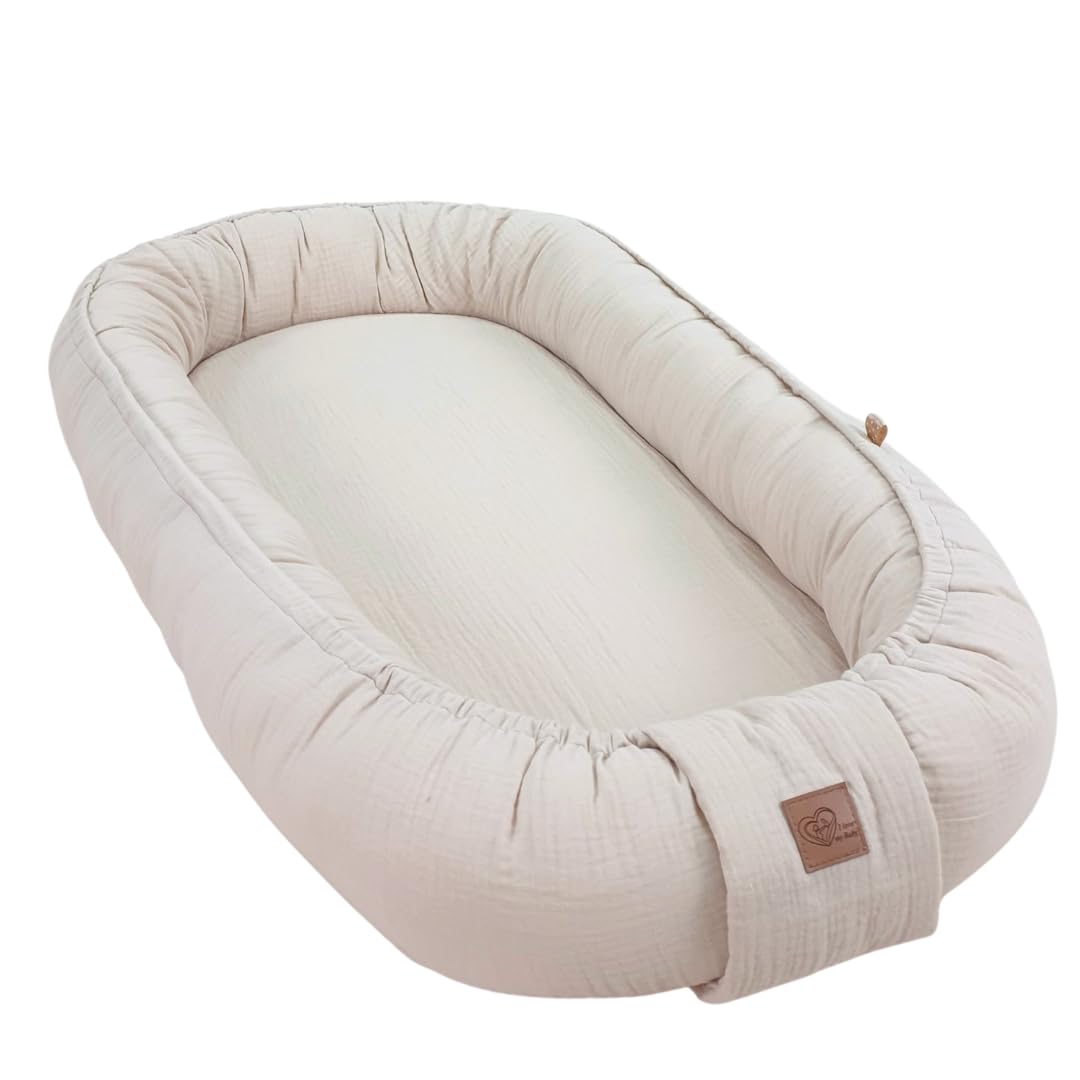 WIKLINOPOL Babynest, Nestchen für Neugeborene – Baby Nestchen 80x46 cm in Beige, Tragbares Nest aus Musselin - Baby Nest für Neugeborene mit herausnehmbarer Matratze