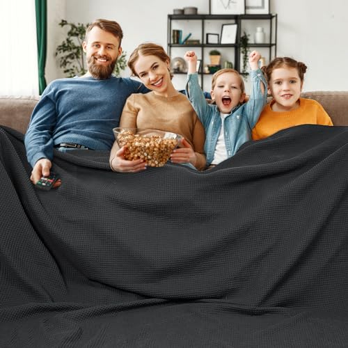 Image of PHF 100% Cotton Waffle Weave Blanket California King Size 120 inchx 120 inch - Washed Soft Lightweight Breathable - 10'x10' Oversize Huge Extra Large for Couch Bed Sofa,Aesthetic Room Decor Gift - Black
