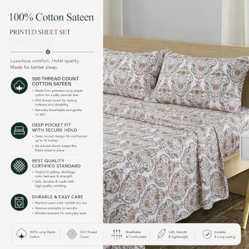 Image of Feather & Stitch Printed 500 TC Twin Size 3pc Damask Bed Sheet Set, 100% Soft Cotton Breathable Bedsheets, 18 inch Deep Pockets Sateen Weave Striped Bedding Mattress Resort Hotel Luxury - Floral Bloom