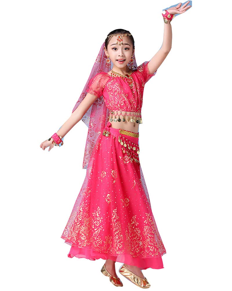 GUOCU Mädchen Tanzfestival Bauchtanz-Kostüm Outfit Indischer Tanz Kostüm Tanzkleidung 8-teiliges Set Chiffon-Prinzessin-Outfit Trainingskleidung Karneval Tanzen Outfit Dancewear