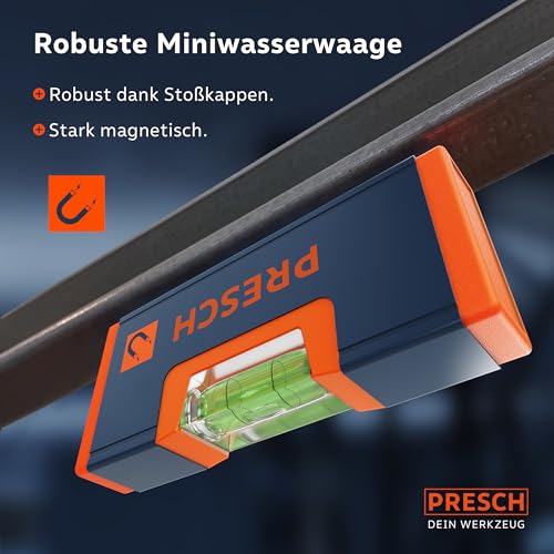 Presch Mini Wasserwaagen Set 4tlg. - Mini Wasserwaage, Kreuzwasserwaage, Dosenlibelle und Schnurwasserwaage - Allround-Set - Verstärkter Magnet für maximale Haftung - Bruchfeste Acrylglaslibellen