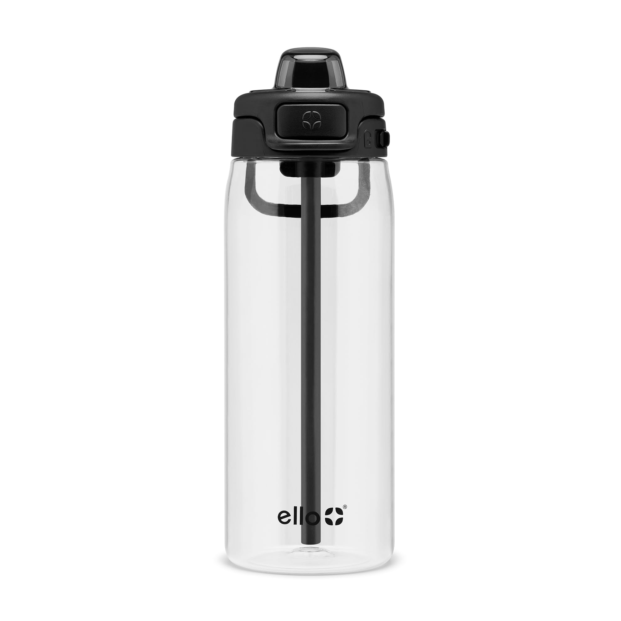 Ello Pop & Fill 22oz Tritan Plastic Water Bottle with Quick Fill Technology | Clear Water Bottle for School, College, Travel | Leakproof Locking Lid, Straw and Chug, Reusable, BPA-Free | Black