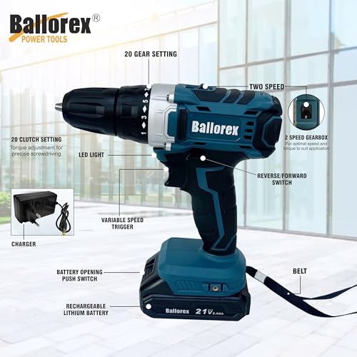 Image of (KS-21VD) Cordless Drill Machine /Driver with 2 Batteries Reversible Switch Multi-Torque Clutch, Keyless Chuck - Wood, Metal & Concrete, 5C 2Ah