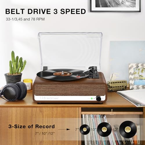 Image of Vinyl Record Player with Speakers,3 Speed Turntable with Bluetooth, Aux, Headphone Jack, RCA Output and Auto Stop,Mirror Vintage Wooden Walnut
