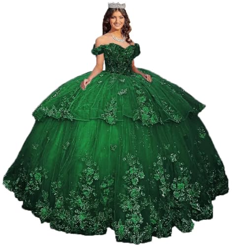 3D Floral Applique Quinceanera Dresses Layered Ball Gown Off Shoulder Beaded Butterfly Prom Princess Sweet16 Gown