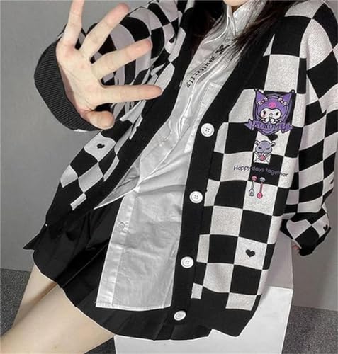Image of Kawaii Cartoon Cardigan Sweaters for Women Girls Long Sleeve Open Front Knit Cardigans Plaid JK School Uniform