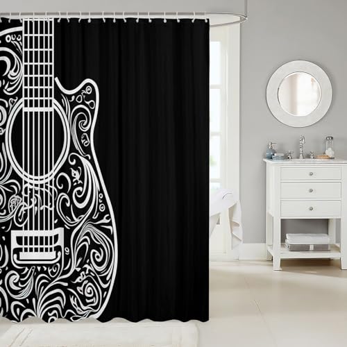 Image of Guitar Bath Curtain Music Themed Guitar Shower Curtain Guitar Instruments Print Bathroom Shower Curtain Set for Stalls Bathtubs Room Decor Stylish Black White Waterproof Bathroom Curtains 72x78 Inch