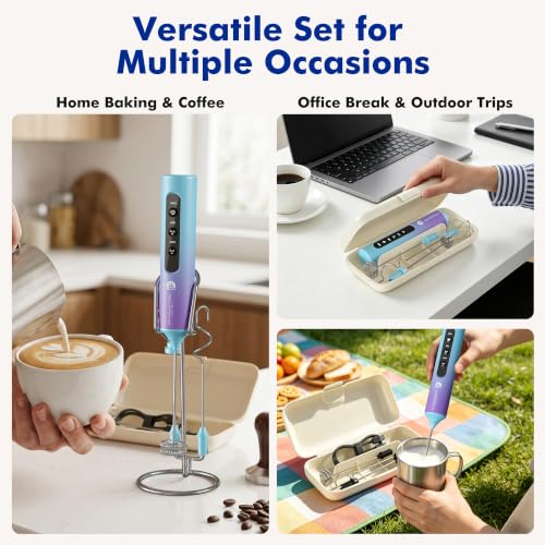 Image of Rechargeable Milk Frother with Stand, 4 Interchangeable Whisks & Travel Case - Handheld Mixer for Lattes, Matcha, Hot Chocolate, Eggs & Protein Shakes