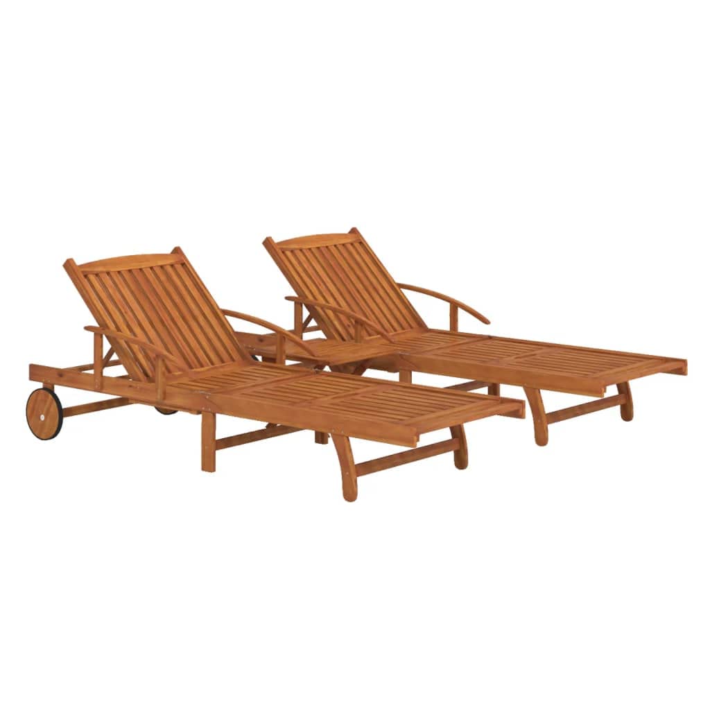 Tumbona ajustable con mesa de madera maciza de acacia, juego de 2 piezas con práctica mesa extensible y respaldo ajustable para jardín y terraza