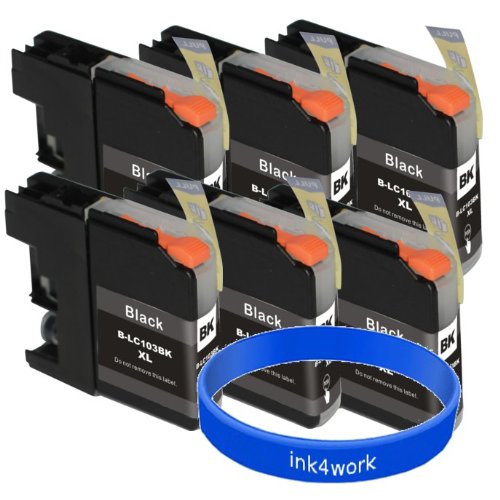 ink4work© Set of 6 Pack LC103 LC-103 XL HY Black Compatible Ink Cartridge Set & ink4work Wristband for Brother MFC-J285DW, MFC-J4310DW, MFC-J4410DW,