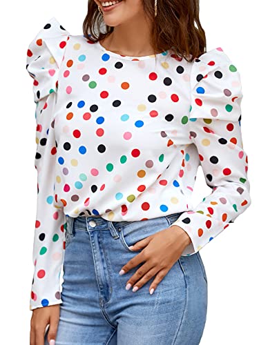 Wdirara Women's Colorful Polka Dots Round Neck Long Sleeve Blouse Keyhole Back Tops White L #TOP21