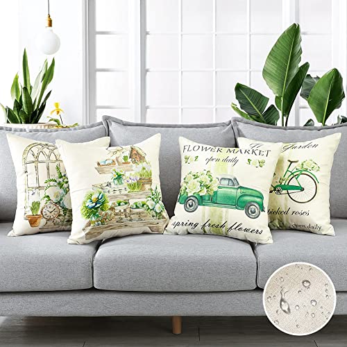 Artscope Set of 4 Waterproof Cushion Covers 45x45cm, Decorative Spring, Green Garden Throw Pillow Covers - Image 2