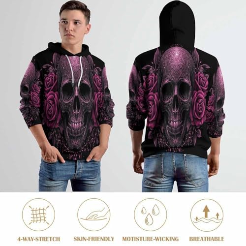 Pullover imprimé 3D crâne rose avec capuche ajustable et fermeture éclair - 5