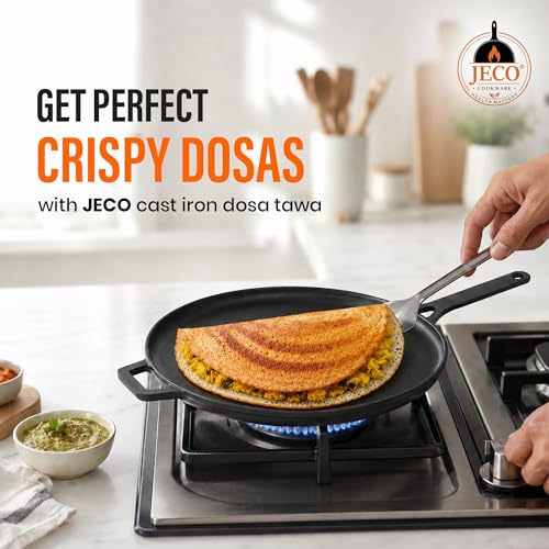 Image of Cast Iron Dosa Tawa with Long Handle | Pre-Seasoned Non-Stick Iron Tawa for Dosa /Chilla /Roti | Heavy Duty Non-Toxic Cookware | Gas Stove & Induction Compatible | Black, 30cm, 2kg